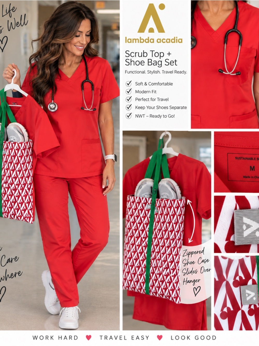 Lambda Acadia Women's V-Neck Scrub Top in Red with Shoe Bag